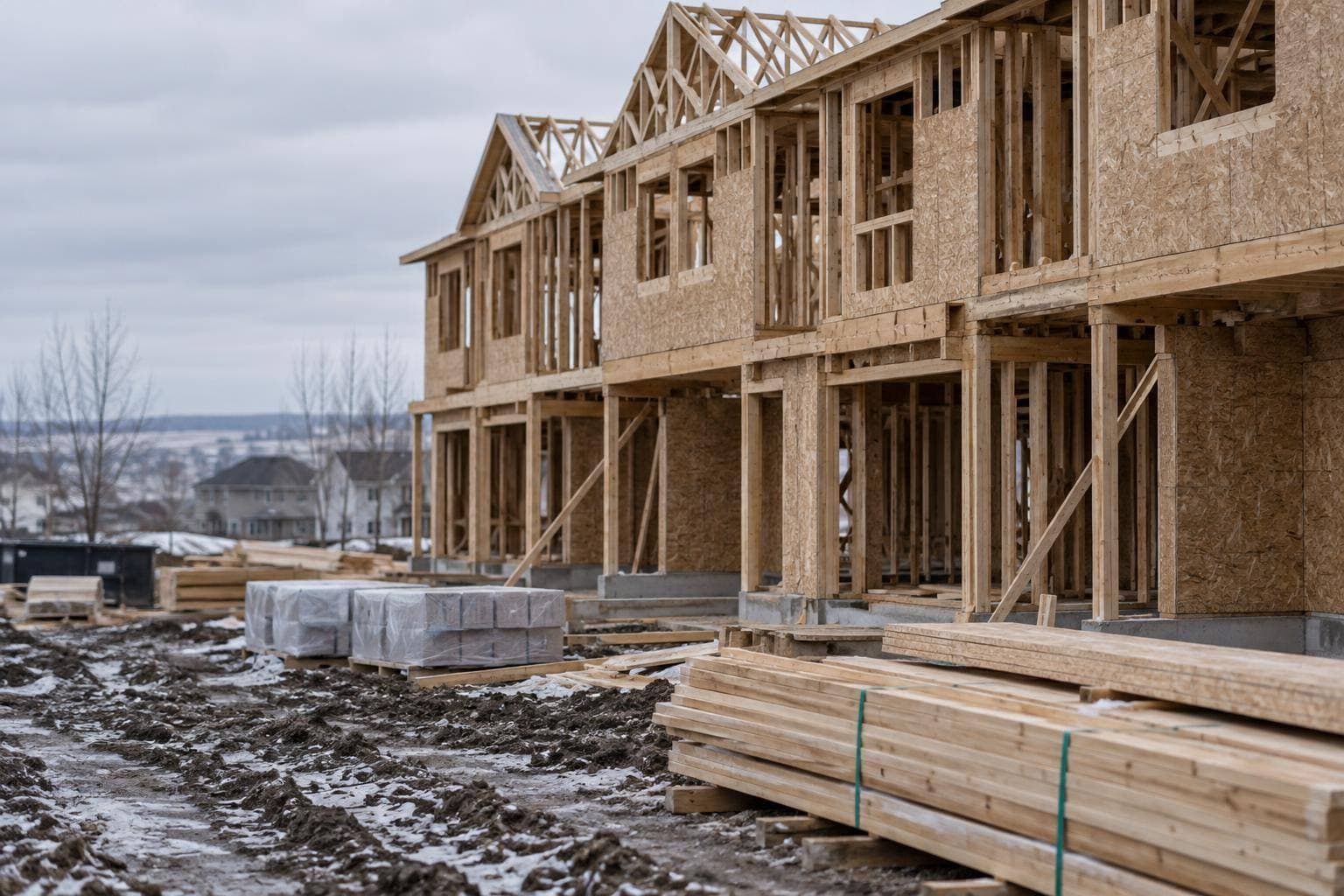 A two-storey 4-unit wood-framed rowhouse in a new Calgary suburb, wood framing partly up, open stud walls and roof trusses, sheathing going on, bundled lumber on the ground.