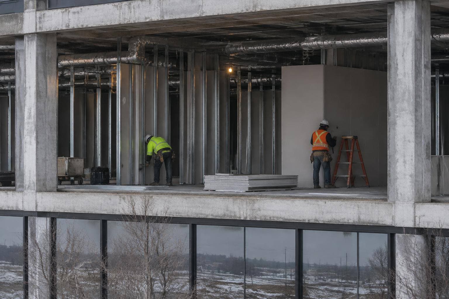 Inside a vacant commercial unit, workers measure and install partitions across a stripped concrete floor plate beneath exposed ceilings and utilities.