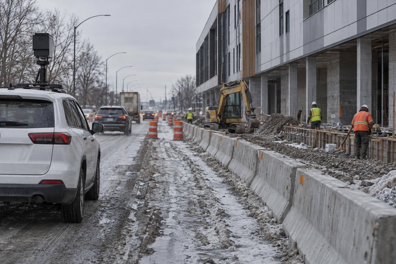 At a coned-off road construction zone, a parked photo-enforcement vehicle records passing traffic while workers operate behind temporary barriers.