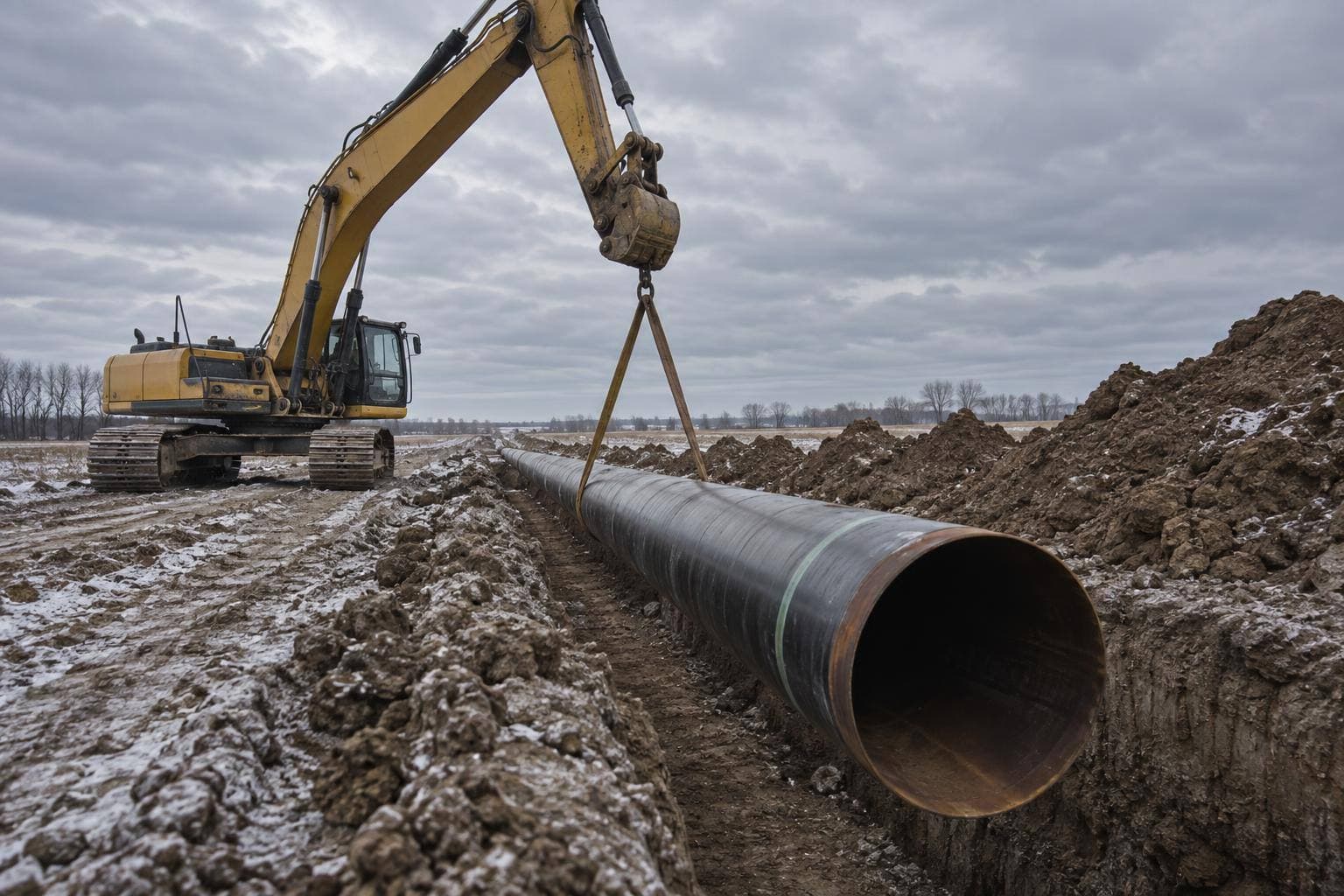 In a broad open field, an excavator lowers a long section of steel pipe into a freshly dug trench beside piles of soil.