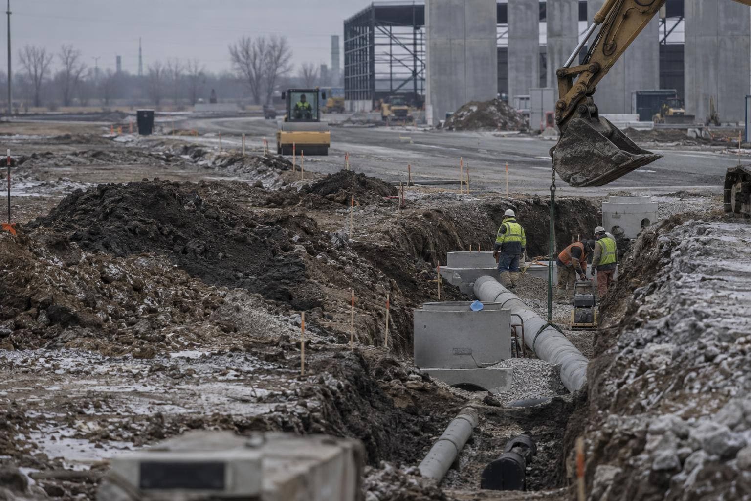 A civil construction site in an industrial park with crews installing underground utilities beside newly graded roadwork, with no visible text or signage.