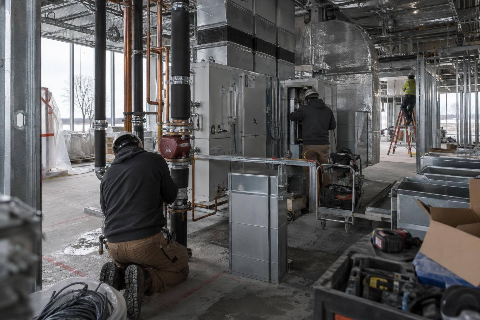 An interior recreation facility mechanical room with technicians working around ductwork, air-handling equipment and exposed service lines, with no visible text or signage.