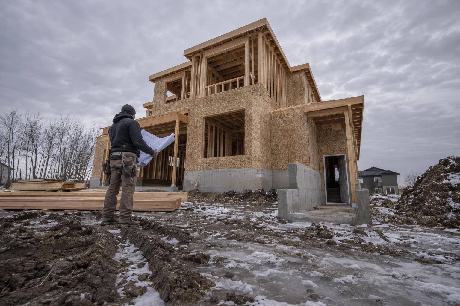 A new single-family home construction site with a contractor reviewing permit drawings beside the framed structure and a visible secondary-suite entrance area, with no text or signage.