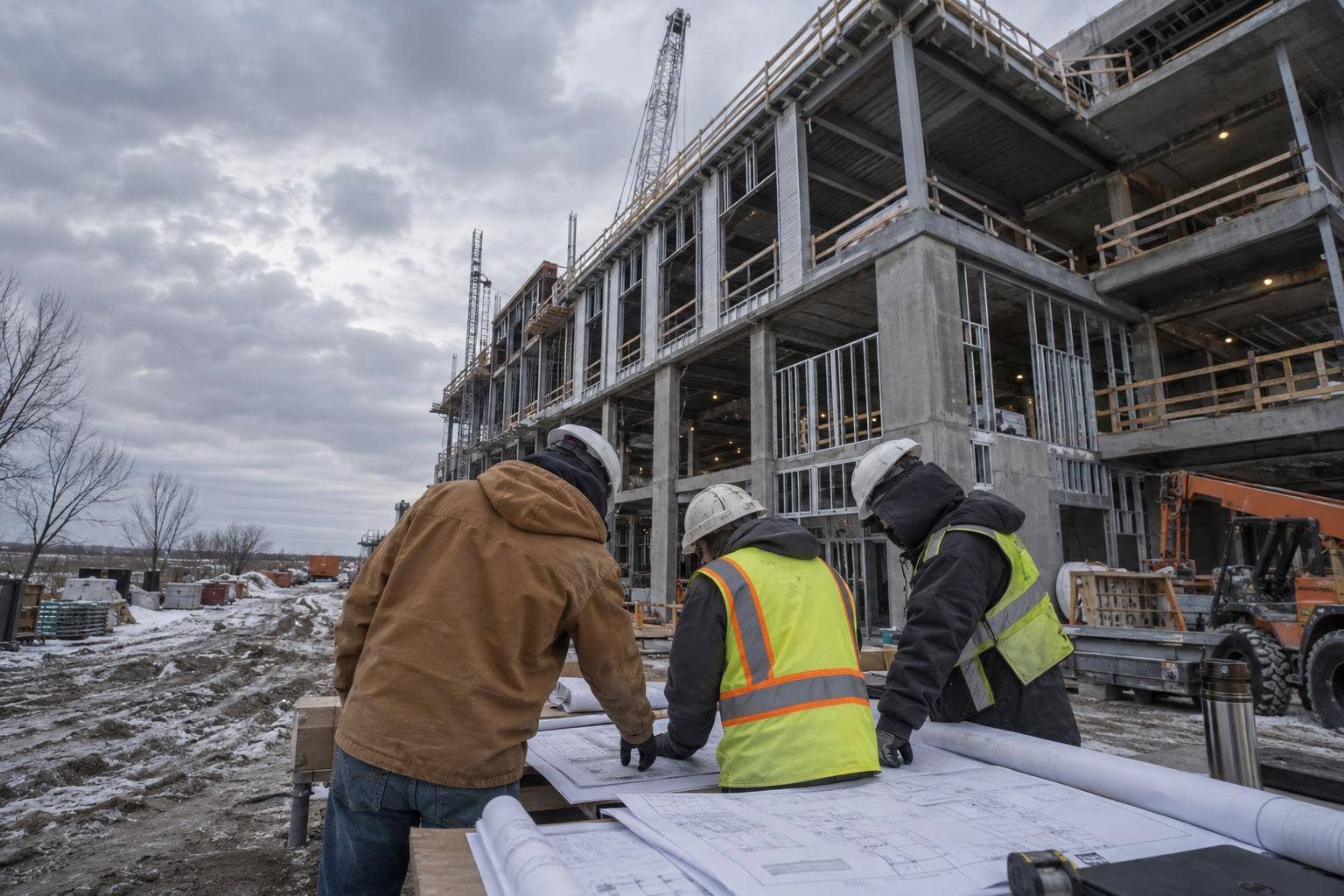 A construction project office with development plans, approval drawings and a project schedule spread across a table, with workers reviewing the documents.