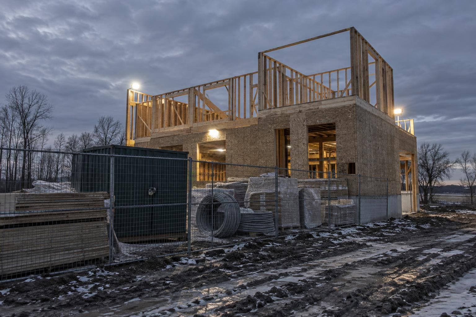 A new-home construction site at dusk with temporary fencing, locked material storage and security lights illuminating framing and electrical materials.