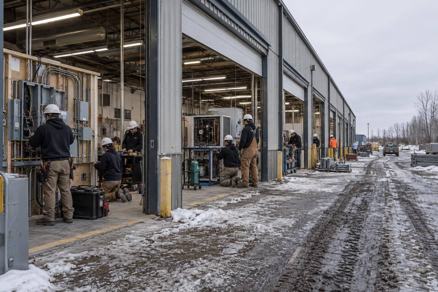 A busy construction training shop with apprentices practising electrical, refrigeration or mechanical work under instructor supervision.