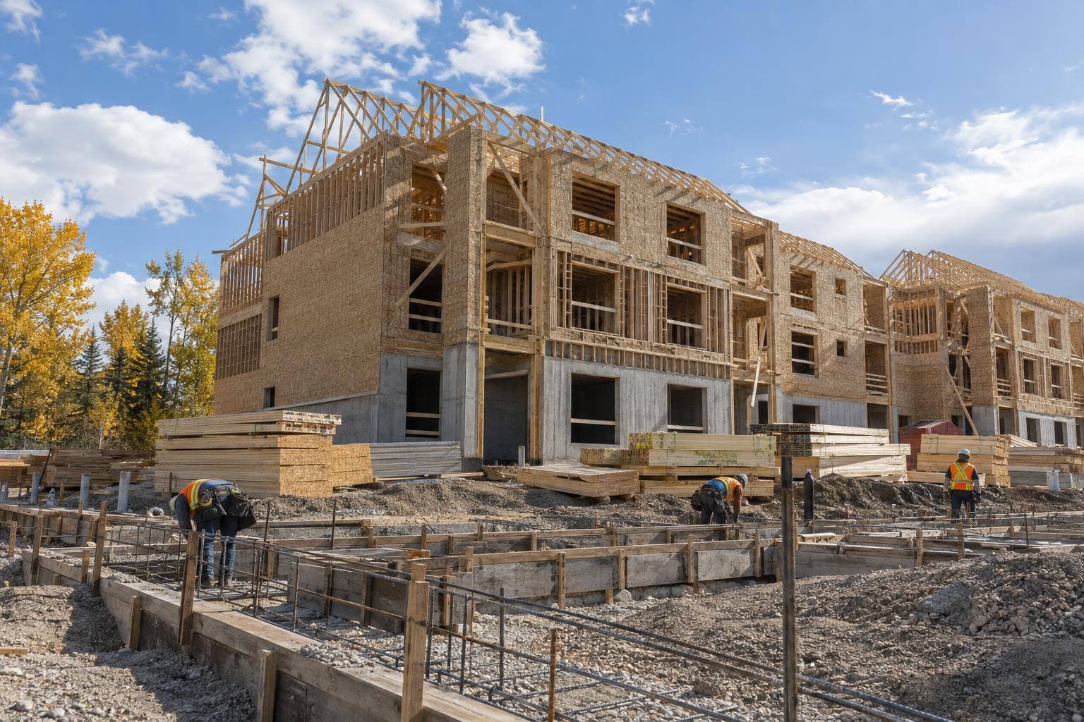A documentary construction photograph showing crews forming concrete footings and preparing reinforcing steel at a multi-family apartment site, with framing materials staged nearby and no visible signage.