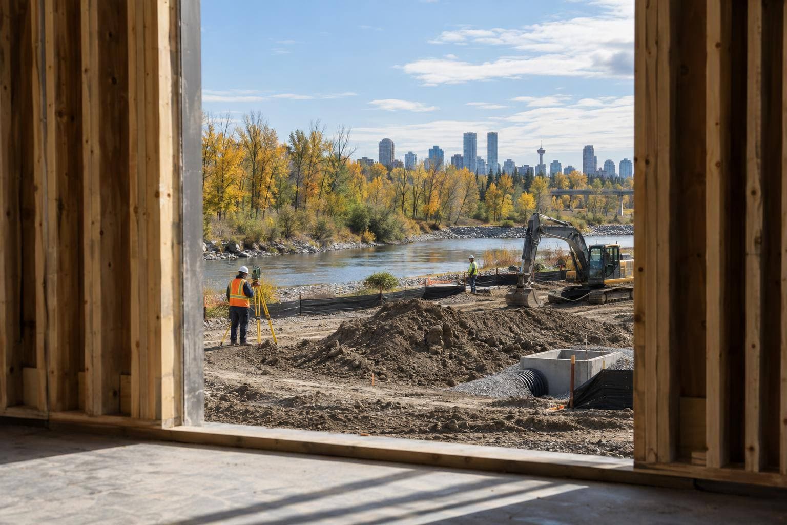 A documentary photograph of a Calgary construction site near a river-adjacent floodplain, showing surveyors and equipment working around graded ground, drainage features and temporary erosion controls.