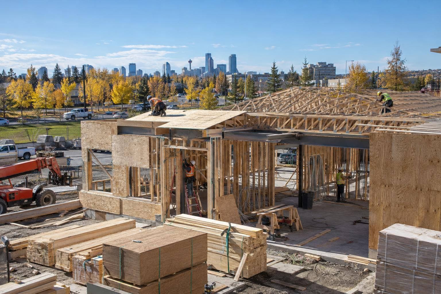 A commercial restaurant shell under construction with crews forming the structure, setting roof components and running electrical work, with no visible text or signage.