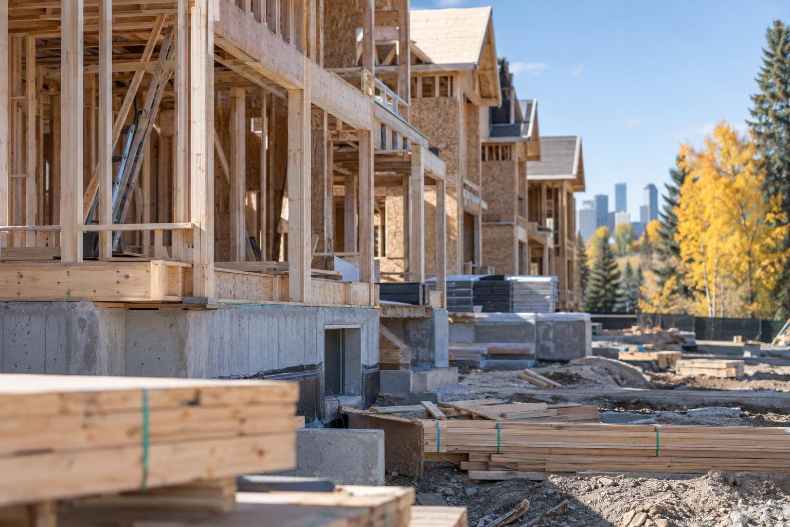 A Bowness residential construction site with concrete foundations, framing underway on a multi-unit rowhouse and roofing materials staged nearby, with no visible text or signage.