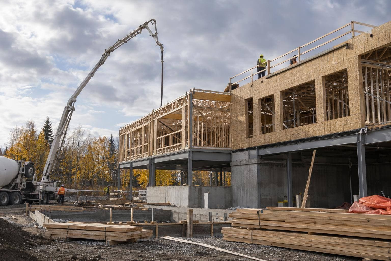 A documentary construction photograph showing crews pouring concrete and assembling structural formwork at a new school site, with steel framing and equipment visible in the work area.