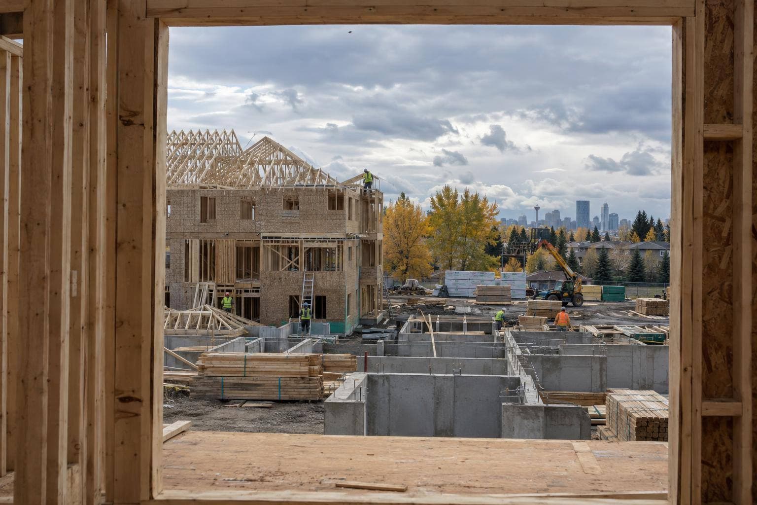 A residential construction site with crews placing concrete foundations and erecting the first structural framing for a multi-storey apartment building.