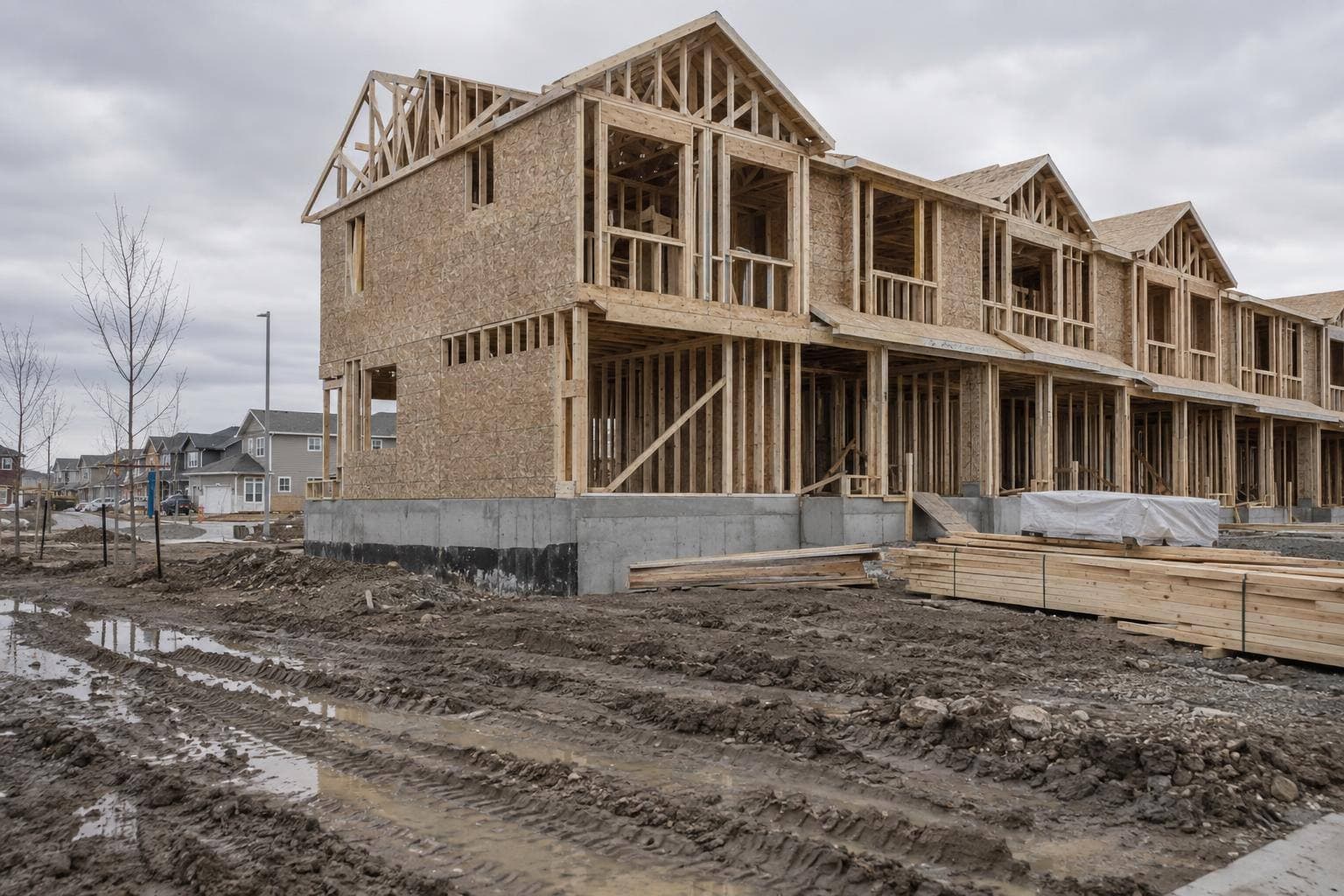 A wood-framed rowhouse under construction on a muddy lot under an overcast sky, roof trusses and sheathing exposed.