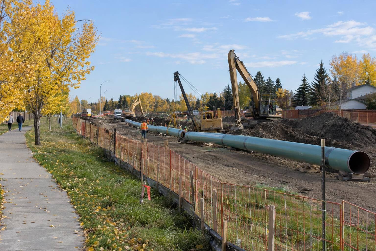 A documentary view of a natural-gas pipeline right-of-way at a formal groundbreaking site, with pipeline construction activity and earthmoving equipment visible in the work area.